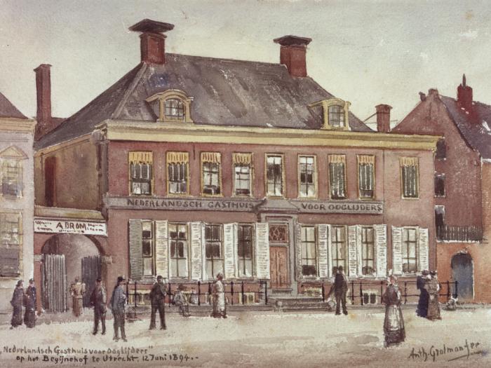In 1858 opende Donders het Gasthuis voor ooglijders aan het Begijnehof. Wikipedia; Anthony Grolman [Public domain]