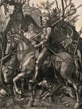 'Death riding side by side with a knight, followed by a devil. Etching after A. Dürer.' by Albrecht Dürer. Credit: Wellcome Collection. CC BY