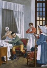 'René Théophile Hyacinthe Laënnec auscultating a tuberculous patient at the Necker Hospital, Paris. Gouache after T. Chartran.' by ThÃ©obald Chartran. Credit: Wellcome Collection. CC BY