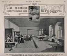 'Crimean War: Florence Nightingale at Scutari Hospital, 1856, plus a portrait drawing. Process print, 1908.' . Credit: Wellcome Collection. CC BY